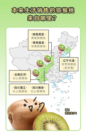 若以产区而论,陕西、四川在种植标准化水平上相对更为领先,本来生活销售的猕猴桃也主要以这两个地区为主